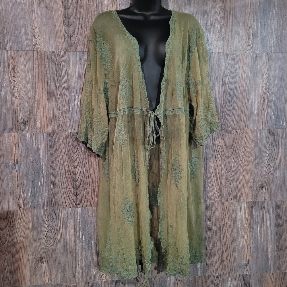 David and Young Embroidered Mesh Tie-Front Kimono OSFM Green Boho Fairy Festival